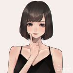  1girl aegyo_sal artist_logo bare_shoulders black_dress black_eyes black_hair bob_cut closed_mouth collarbone commentary_request dress eyelashes finger_to_cheek grey_background highres lips lipstick logo looking_at_viewer makeup mano_aaa mole mole_on_chest mole_on_shoulder original red_lips self-harm_scar short_hair simple_background solo swept_bangs upper_body 