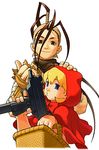  :3 basket blonde_hair blue_eyes brown_eyes brown_hair bulleta capcom company_connection crossover edaki_shin'ya fingerless_gloves gloves gun hand_on_another's_head hood ibuki_(street_fighter) imi_uzi long_hair multiple_girls ninja official_art scarf street_fighter street_fighter_iii_(series) submachine_gun topknot trigger_discipline vampire_(game) weapon 