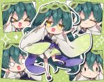  &gt;_&lt; 1girl :d absurdres black_sandals blush_stickers breasts brown_eyes brown_kimono chibi closed_eyes commentary_request green_background green_hair green_hairband hair_between_eyes hairband highres japanese_clothes kimono large_breasts long_sleeves milkpanda multiple_views muneate obi polka_dot polka_dot_background sandals sash short_eyebrows smile socks solid_oval_eyes sweat tabi teardrop thick_eyebrows touhoku_zunko voiceroid white_socks wide_sleeves xd zouri 