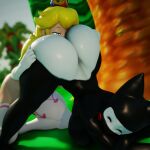 2023 3d_(artwork) anthro armwear ass_up big_butt black_clothing black_suit blonde_hair breasts butt butt_grab button_(fastener) chickenstrangler69 clothing crown demon digital_media_(artwork) duo elbow_gloves eyes_closed face_in_ass female female/female forest forest_background glistening glistening_butt gloves hair hand_on_butt handwear happy headgear hi_res human interspecies jack-o&#039;_pose kneeling leggings legwear mammal mario_bros mostly_nude narrowed_eyes nature nature_background ninja ninji_(mario) nintendo outside outside_sex plant pose princess_peach sex suit thick_thighs tree warrior white_body