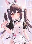  1girl animal_ears apron black_dress blush bow breasts brown_hair bubble collar dress hair_between_eyes hair_ornament holding holding_sponge long_hair looking_at_viewer maid maid_apron maid_headdress open_mouth original red_eyes short_sleeves small_breasts solo sponge twintails umeko_machi upper_body white_apron 