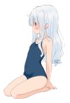  1girl arms_behind_back artist_name bare_shoulders blush breasts competition_school_swimsuit dated full_body long_hair looking_to_the_side one-piece_swimsuit original retsumaru school_swimsuit seiza sidelocks signature simple_background sitting small_breasts solo swimsuit thighs wavy_hair white_background white_hair 