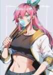  1boy abs aubrey_(faraway)_(omori) aubrey_(omori) bandaid bandaid_on_face blowing_bubble_gum blue_eyes blue_hairband blue_skirt breasts chewing_gum collarbone crop_top denim denim_skirt ear_piercing hairband highres jacket kazuya_(kozun) large_breasts long_sleeves looking_at_viewer navel omori piercing pink_hair skirt solo toned toned_female white_jacket 