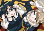  2girls :o blue_jumpsuit blue_skirt breasts collared_shirt commentary_request frilled_shirt frills from_above fukurai_azami glasses hands_on_eyewear hands_up highres jasmine_(toshi_densetsu_kaitai_center) jumpsuit limited_palette long_sleeves looking_at_viewer looking_up medium_breasts multiple_girls open_mouth semi-rimless_eyewear shirt short_hair skirt standing toshi_densetsu_kaitai_center white_shirt yamada_fgm 