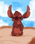 2025 3_toes 4_fingers alien alternate_color ambiguous_gender anthro biped chest_tuft claws dated digital_drawing_(artwork) digital_media_(artwork) disney experiment_(lilo_and_stitch) experiment_627 feet fingers front_view fur head_tuft hi_res lilo_and_stitch looking_at_viewer male_(lore) miluri notched_ear outside purple_nose red_body red_claws red_fur signature solo standing toes tuft