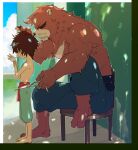  2boys applying_bandages bakemono_no_ko bandaged_hand bandages bara barefoot biceps black_hair blue_pants chisa_sa cigarette closed_eyes closed_mouth commentary_request fangs fangs_out furry furry_male green_pants holding holding_cigarette holding_scissors kumatetsu kyuuta_(bakemono_no_ko) long_hair looking_to_the_side male_focus multiple_boys muscular muscular_male pants pectorals scissors sitting topless_male 