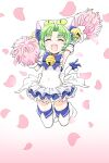 1girl animal_hat anzu_yoshihiro arm_up bell cat_hat covered_navel dejiko di_gi_charat dress full_body gradient_background green_hair hat highres holding holding_pom_poms jingle_bell jumping open_mouth pom_pom_(cheerleading) white_dress 