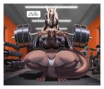 abs airplane_ears anthro barbell barbell_squats big_breasts black_hair blue_eyes border breasts city cityscape claws clothed clothing countershade_legs countershade_torso countershading crotch_tuft deer detailed_background digital_media_(artwork) duo ears_up exercise exercise_bike eyebrows fangs_bared female female/female finger_claws fingers fluorescent_light front_view glistening glistening_clothing hair hair_over_eye hanging_breasts hi_res hiverdose holding_object hooved_fingers hooves huge_breasts huge_hips huge_thighs long_hair long_sleeves long_tail mammal midriff muscular muscular_anthro muscular_female navel nipple_outline nipples_visible_through_clothing panties pantsless platinum_blonde red_sclera sahra_(hiverdose) shadow shaking smug_grin speech_bubble tail thick_eyebrows thick_thighs tight_clothing toe_claws tuft underwear unknown_species water_fountain weightlifting weights white_border wide_hips window workout xena_(hiverdose) yellow_eyes
