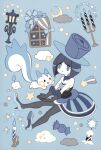 1girl absurdres bare_shoulders battle_chatelaine black_gloves black_pantyhose blue_background blue_dress blue_eyes blue_hair blue_hat blue_shoes blue_theme bob_cut candelabra candle candlestand candy chamooi closed_mouth cloud colored_skin commentary commentary_request curtains dress elbow_gloves evelyn_(pokemon) eyelashes fire food full_body gloves hat high_heels highres lamppost official_art open_mouth pachirisu pantyhose pokemon pokemon_(creature) pokemon_xy rare_candy shoes shooting_star_(symbol) short_hair smile star_(sky) star_(symbol) teeth third-party_source top_hat upper_teeth_only white_skin window wrapped_candy 