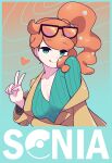  1girl absurdres aqua_eyes aqua_nails aqua_shirt black-framed_eyewear breasts brown_coat character_name cleavage coat collarbone eyewear_on_head hair_ornament heart heart_hair_ornament highres medium_breasts orange-tinted_eyewear orange_hair pokemon pokemon_swsh ribbed_shirt shirt side_ponytail smile solo sonia_(pokemon) sunglasses swept_bangs synapseproperty tinted_eyewear tongue tongue_out upper_body v v-neck wavy_hair 