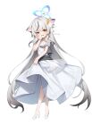 1girl absurdres animal bare_shoulders black_sash blue_archive blush breasts bridal_veil cleavage_cutout clothing_cutout colored_inner_hair dress gradient_hair grey_hair hand_on_own_face high_heels highres kokona_(blue_archive) looking_at_viewer multicolored_hair sash shoes shuvi_(shuvi1125) skirt_hold small_breasts solo strapless strapless_dress veil wedding_dress white_dress white_shoes 