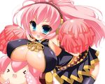  &gt;_&lt; akikaze_tsumuji blue_eyes blush breasts cleavage closed_eyes headphones large_breasts long_hair megurine_luka open_mouth pink_hair pom_poms solo takoluka vocaloid 