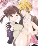  2girls blazer blonde_hair blunt_ends blush breasts brown_eyes brown_hair brown_jacket brown_skirt brown_sweater_vest carrying carrying_person cherry_blossoms choppy_bangs closed_mouth collarbone collared_shirt commentary_request dot_nose double_bun earclip earrings foot_out_of_frame grey_jacket hair_bun highres idolmaster idolmaster_shiny_colors jacket jewelry large_breasts long_hair miniskirt multiple_girls neck_ribbon one_eye_closed open_clothes open_jacket outdoors panties pantyshot pink_shoes plaid_clothes plaid_skirt pleated_skirt princess_carry raised_inner_eyebrows ribbon saijo_juri saint_laurent_paris shirt shoes short_hair skirt sonoda_chiyoko split_mouth standing stud_earrings sweater_vest tongue tongue_out twintails underwear white_panties white_shirt yellow_ribbon yuri 