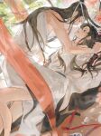  2boys absurdres alternate_costume bare_legs bathrobe bishounen black_hair blush boy_on_top branch chinese_clothes chinese_commentary closed_mouth cup curtains dutch_angle eye_contact flower grey_eyes hair_ribbon hanfu headband highres holding_hands lan_wangji leaf long_hair looking_at_another lying male_focus modao_zushi multiple_boys on_back on_floor open_clothes open_robe parted_lips partially_undressed plate ponytail profile red_ribbon ribbon robe shenzhang10011 sidelocks single_bare_arm single_bare_shoulder sweatdrop topknot tree wei_wuxian white_headband white_robe window_blinds wooden_floor xiao_guan_(headdress) yaoi yellow_eyes 
