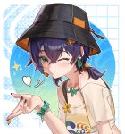  1girl absurdres bare_shoulders beads belle_(zenless_zone_zero) black_nails blowing_kiss blue_hair blush breasts bucket_hat cleavage collarbone dnsu earrings green_eyes hair_beads hair_between_eyes hair_ornament hat heart highres jewelry looking_at_viewer medium_breasts medium_hair necklace off-shoulder_shirt off_shoulder one_eye_closed parted_lips see-through_clothes see-through_shirt shirt short_twintails solo sparkle swimsuit swimsuit_under_clothes twintails zenless_zone_zero 