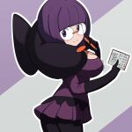  1girl artist_name blunt_bangs bob_cut book bow breasts cleavage elbow_gloves from_side glasses gloves highres holding holding_book holding_pen ko_ta0816e large_bow large_breasts looking_back low-cut pantyhose pen pokemon pokemon_bw purple_hair purple_skirt rimless_eyewear round_eyewear shauntal_(pokemon) short_hair skirt smile solo team_plasma twisted_torso 