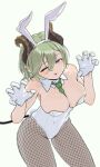  1girl alternate_costume animal_ears between_breasts blue_eyes breasts brown_horns claw_pose cleavage covered_navel cowboy_shot curled_horns demon_girl demon_horns demon_tail detached_collar fake_animal_ears fake_tail fishnet_pantyhose fishnets gloves green_hair green_necktie grey_pantyhose hair_between_eyes highres horns large_breasts leotard long_bangs looking_at_viewer nanashi_inc. necktie necktie_between_breasts none_(fan_774) one_eye_closed pantyhose playboy_bunny pointy_ears rabbit_ears rabbit_tail sekishiro_mico simple_background solo strapless strapless_leotard tail virtual_youtuber white_background white_gloves 