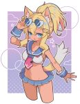  1girl :d animal_ear_fluff animal_ears arm_up bikini blonde_hair blue_eyes blush border breasts collarbone commentary cropped_legs disgaea dog_ears dog_girl dog_tail eyewear_on_head heart heart-shaped_eyewear highres long_hair looking_at_viewer makai_senki_disgaea_7 navel neckerchief open_mouth outline outside_border pink_neckerchief pirilika_(disgaea) ponytail purple_background sailor_bikini sailor_collar smile solo suaman sunglasses swimsuit tail white_bikini white_border white_outline wrist_cuffs 
