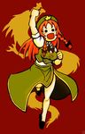 :d arm_up bow braid clenched_hands dragon hat hong_meiling long_hair open_mouth orange_hair raised_fist red_background ribbon shouryuuken smile solid_circle_eyes solo star terrajin touhou twin_braids uppercut v-shaped_eyebrows 