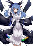  :o alternate_costume blue_hair bodysuit breasts cosplay fai food fruit gloves highres hinanawi_tenshi kazuno kazuno_(horizon) kazuno_(horizon)_(cosplay) kyoukaisenjou_no_horizon long_hair medium_breasts open_mouth peach red_eyes skirt solo touhou 