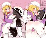  2girls absurdres arms_around_waist ass black_hair black_hat black_skirt blonde_hair blush breast_sucking breasts brown_eyes closed_eyes dildo double_dildo dress french_kiss frilled_dress frills hat hat_ribbon heart highres kiss long_hair long_sleeves maribel_hearn medium_breasts mob_cap multiple_girls nipples open_clothes open_mouth purple_dress purple_eyes pussy_juice ribbon saliva sex_toy shared_object_insertion shen_bi_ren_(user_rjgy2824) shirt short_hair sidelocks skirt sweat thighhighs touhou usami_renko variant_set vibrator white_hat white_ribbon white_shirt white_thighhighs yuri 