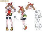 1girl bag bike_shorts bike_shorts_under_shorts bow_hairband breasts brown_hair closed_mouth concept_art facing_viewer fanny_pack from_side hairband holding holding_poke_ball long_bangs looking_at_viewer may_(pokemon) mega_ring multiple_views official_art open_mouth poke_ball poke_ball_(basic) pokemon pokemon_oras red_hairband red_shirt shirt short_shorts shorts shorts_under_shorts simple_background small_breasts smile solo white_background white_shorts 