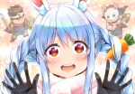  1girl 2boys animal_ears axe black_gloves blue_hair braid cape carrot_hair_ornament character_request chibi circlet commentary_request dragon_quest dragon_quest_iii food-themed_hair_ornament gloves hair_ornament hero_(dq3) holding holding_axe holding_shield holding_sword holding_weapon hololive makishima_rin mask multicolored_hair multiple_boys open_mouth purple_cape rabbit_ears rabbit_girl rabbit_mask round_teeth shield sidelocks smile sword teeth thick_eyebrows twin_braids two-tone_hair usada_pekora virtual_youtuber weapon white_hair 