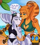 2025 angela_cross anthro assassyart beach bikini blue_eyes breasts clothing cybernetic_arm cybernetic_limb dialogue ear_piercing ear_ring eyebrows eyelashes eyes_closed eyewear eyewear_on_head female fur goggles goggles_on_head group hair hi_res kit_(ratchet_and_clank) lombax machine mammal outside piercing ratchet_and_clank ring_piercing rivet_(ratchet_and_clank) robot smile sony_corporation sony_interactive_entertainment striped_body striped_fur stripes swimwear trio two-piece_swimsuit white_body white_fur yellow_body yellow_fur