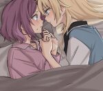  2girls blonde_hair blue_eyes blush commentary eye_contact holding_hands looking_at_another multiple_girls new_game! on_bed parted_lips pillow purple_hair purple_shirt shirt syonosuke9573 tooyama_rin under_covers yagami_kou yuri 