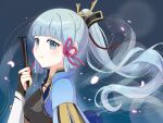  1girl aqua_eyes aqua_hair black_gloves blue_background fingerless_gloves folding_fan genshin_impact gloves hair_flowing_over hand_fan haonkpizfz44569 highres holding holding_fan kamisato_ayaka long_hair ponytail solo 