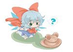  1nenmono ? ascot barefoot blue_dress blue_hair bow chibi cirno dress fairy_wings full_body green_eyes hair_bow hat outstretched_arms pyonta short_hair simple_background solo touhou white_background wings 