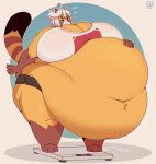 2025 ahoge ailurid anthro belly big_belly big_breasts black_body black_fur bodily_fluids breasts brown_body brown_fur directional_arrow female fur hair hand_on_belly hi_res huge_belly huge_breasts huge_thighs hyper hyper_belly hyper_breasts hyper_thighs kiki_(low_res_art) low_res_art mammal markings morbidly_obese morbidly_obese_anthro morbidly_obese_female multicolored_body multicolored_fur navel obese obese_anthro obese_female orange_body orange_fur overweight overweight_anthro overweight_female red_eyes red_panda smile solo striped_markings striped_tail stripes sweat sweatdrop tail tail_markings text thick_thighs watermark weighing_scale white_body white_fur white_hair