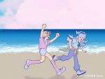  &gt;_&lt; 2girls arms_up beach blonde_hair blue_hair blue_pants blue_shirt brown_jacket closed_eyes clothes_around_waist cloud collared_shirt colored_tips commentary_request copyright_notice cropped_shirt day full_body high_ponytail hololive hololive_dev_is hololive_indonesia jacket jacket_around_waist kneehighs kobo_kanaeru long_hair mary_janes multicolored_hair multiple_girls ocean official_art onisan611 open_mouth outdoors outstretched_arms pants partially_unbuttoned pink_shirt pink_socks ponytail purple_hair running shirt shoes short_hair short_shorts short_sleeves shorts smile sneakers socks split_ponytail streaked_hair todoroki_hajime two-tone_hair virtual_youtuber wavy_hair white_hair white_shirt white_shoes white_shorts 