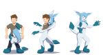 2016 absurd_res animate_inanimate biped black_nose blue_body blue_eyes blue_hair blue_markings bottomwear breasts brown_hair clothed clothing colored eeveelution eyewear featureless_breasts featureless_crotch fingers fully_clothed gender_transformation generation_4_pokemon glaceon glasses hair hi_res human human_to_anthro living_clothing male male_human mammal markings mtf_transformation nintendo nude open_mouth pants paws pokemon pokemon_(species) shirt simple_background smile solo species_transformation standing suit_transformation t-shirt topwear transformation transformation_sequence white_background wolferion