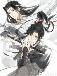  2boys absurdres bishounen black_eyes black_hair black_hanfu chinese_clothes chinese_commentary closed_mouth dizi floating_hair flute hair_ribbon hanfu headband highres holding holding_flute holding_instrument instrument lan_wangji long_hair long_sleeves looking_at_viewer male_focus modao_zushi multiple_boys music parted_lips playing_flute playing_instrument ponytail red_ribbon ribbon robe shenzhang10011 simple_background sketch sleeves_past_wrists smile transverse_flute upper_body watermark wei_wuxian weibo_watermark white_background white_hanfu white_headband wide_sleeves xiao_guan_(headdress) yellow_eyes 