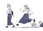  &gt;_&lt; 3girls animal_ears backpack bag brown_hair dog_ears highres long_skirt maikamiaka multiple_girls open_mouth original running shirt short_hair simple_background skirt tail tongue tongue_out tripping walking white_background 