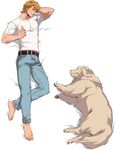  barefoot belt blonde_hair blue_eyes dakimakura denim dog highres imasan jeans john_(tiger_&amp;_bunny) keith_goodman male_focus pants shirt t-shirt thumbs_up tiger_&amp;_bunny 