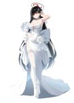  1girl absurdres alternate_costume armpits black_hair blue_archive blush breasts bright_pupils collarbone covered_navel dongyu dress flower flower_ornament full_body garter_straps halo hand_on_own_hip highres large_breasts long_hair looking_at_viewer plunging_neckline red_eyes rio_(blue_archive) rose shoes simple_background solo straight_hair strapless strapless_dress thighhighs tucking_hair very_long_hair white_background white_dress white_flower white_garter_straps white_pupils white_rose white_shoes white_thighhighs 
