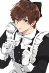  1boy absurdres alter_(mabinogi) alternate_costume apron black_bow black_dress bow brown_hair commentary_request crossdressing crossdressing_(mtf) dress enmaided frilled_apron frills gloves green_eyes hair_between_eyes hair_bow highres korean_commentary long_sleeves mabinogi maid maid_apron male_focus male_maid neck_ribbon parted_lips ray_(lthenray) ribbon short_hair simple_background sleeve_cuffs solo upper_body white_apron white_background white_gloves white_ribbon 