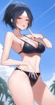  1girl bikini black_bikini blush breasts cleavage earrings hayami_kanade highres idolmaster idolmaster_cinderella_girls jewelry looking_at_viewer medium_breasts navel necklace o-ring o-ring_bikini outdoors palm_tree short_hair shougun_(chuckni1) smile solo stomach swimsuit thighs tree 