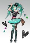  1girl animal_print aqua_hair aqua_skirt asymmetrical_legwear belt belt_charm black_shirt bow charm_(object) commentary cute_x_subculture_hatsune_miku_design_contest english_commentary fashion fingerless_gloves flat_chest gao gloves hair_bow hatsune_miku highres leopard_print midriff_peek mismatched_legwear multicolored_hair raccoon_tails_(hairstyle) scene_cut scene_fashion shirt shoes single_glove skirt skull_print sneakers solo streaked_hair studded_belt tail_keychain tutu twintails vocaloid wristband zensoko 