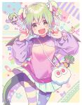  1boy 2girls artist_name bag bandaid blue_bow blue_eyes blue_skirt border bow breasts bun_cover character_bag chibi cleavage_cutout closed_mouth clothing_cutout color_connection commentary cowboy_shot demon_horns donut_hair_bun double_bun draco_centauros draco_centauros_(charmy) dragon_horns dragon_tail fang food hair_bobbles hair_bow hair_bun hair_color_connection hair_ornament hands_up highres horns ice_cream ice_cream_cone jewelry kuroda_(kuro_yyy) lidelle_(puyopuyo) long_hair mandarin_collar medium_breasts multiple_girls multiple_scoops nail_art nail_polish official_alternate_costume open_mouth pantyhose pink_shirt pleated_skirt pointy_ears polka_dot_pantyhose puffy_sleeves purple_shirt puyo_(puyopuyo) puyopuyo puyopuyo_quest rainbow_bow red_bow red_eyes ring satan_(puyopuyo) shirt short_hair shoulder_bag signature skirt smile solo_focus standing star_(symbol) striped_clothes striped_pantyhose tail white_bag white_border yellow_bow 