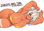  1girl 23_(real_xxiii) absurdres ahoge armpits bikini blue_eyes blush breasts cleavage collarbone groin highres large_breasts looking_at_viewer lying muscular muscular_female navel on_side orange_bikini original paid_reward_available parted_lips sela_(23) short_hair solo swimsuit thigh_strap thighs white_hair wristband 