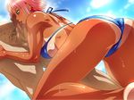  1girl ass beach-ku_volley_massive_to_miniskirt_to_sperma beach_volleyball_massive_miniskirt_and_sperm bikini breasts censored clothed_female_nude_male dark_skin fellatio from_behind hinako_(beach-ku) hinako_(beach_volleyball) kodamashi large_breasts licking oral swimsuit tan tanline 