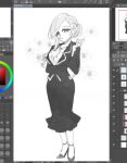  1girl arm_under_breasts art_program_in_frame black_jacket black_shoes black_skirt breasts chi_kan100 cleavage closed_mouth curly_sidelocks flower flower_necklace full_body hair_bun hair_flower hair_ornament hanazono_hahari hand_on_own_elbow hand_up head_tilt high_heels jacket kimi_no_koto_ga_dai_dai_dai_dai_daisuki_na_100-nin_no_kanojo long_hair long_sleeves looking_at_viewer low-cut mature_female mole mole_under_eye monochrome nail_polish open_clothes open_jacket pencil_skirt pumps screenshot shirt shoes single_hair_bun single_sidelock skirt solo standing strappy_heels white_shirt 