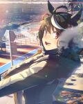  1girl ahoge animal_ears black_coat black_gloves black_hair blush breath cloud coat cold dated gloves hair_ornament horizon horse_ears horse_girl horse_tail kitasan_black_(umamusume) lens_flare long_sleeves looking_at_viewer looking_to_the_side multicolored_hair open_mouth outdoors outstretched_arms railing red_eyes road road_sign sign smile solo standing streaked_hair sunrise tail takuzui tree twitter_username umamusume upper_body 
