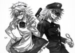  2boys :3 absurdres apron bucket cowboy_shot crossdressing cuffs dress dual_persona fang fang_out glasses greyscale gun hand_on_own_hip handcuffs handgun hat highres holding holding_brush holding_bucket holding_gun holding_handcuffs holding_weapon imnotrlup juliet_sleeves long_sleeves looking_at_viewer maid maid_apron maid_headdress male_focus monochrome multiple_boys one_eye_closed police police_hat police_uniform policeman puffy_sleeves randal&#039;s_friends randal_ivory sheriff_badge short_hair simple_background standing weapon white_background 