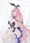  1girl absurdres alternate_costume animal_ear_hairband animal_ears armlet bare_shoulders black_leotard blue_eyes blush breasts cleavage closed_mouth elf elysia_(honkai_impact) fake_animal_ears hairband highres honkai_(series) honkai_impact_3rd jewelry large_breasts leotard long_hair looking_at_viewer missing_commentary on_stool pantyhose pink_hair pink_pupils playboy_bunny pmg pointy_ears rabbit_ear_hairband rabbit_ears see-through_cleavage see-through_clothes simple_background sitting smile solo thigh_strap very_long_hair white_background white_pantyhose 