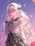  1girl absurdres black_bow black_hairband black_sailor_collar blue_eyes blue_pupils blush bow bowtie breasts buttons collarbone commentary double-breasted firefly_(honkai:_star_rail) firefly_(spring_missive)_(honkai:_star_rail) gradient_hair green_bow green_bowtie green_hair grey_hair grey_skirt hair_between_eyes hair_bow hair_intakes hairband hand_up highres honkai:_star_rail honkai_(series) long_hair long_sleeves looking_at_viewer medium_breasts multicolored_eyes multicolored_hair official_alternate_costume parted_lips pink_petals plaid_clothes plaid_skirt purple_eyes purple_sky sailor_collar school_uniform serafuku shijihuakai shirt skirt sky solo two-tone_eyes very_long_hair white_shirt 