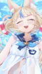  1girl absurdres animal_ear_fluff animal_ears bikini bikini_under_clothes blonde_hair blue_bikini blue_hair blue_sailor_collar blue_sky blunt_bangs blurry cat_ears closed_eyes commentary day dress english_commentary facing_viewer fangs frilled_shirt_collar frills front_slit highres indie_virtual_youtuber long_hair multicolored_hair navel open_mouth outdoors sailor_collar sameko_saba sky sleeveless sleeveless_dress smile solo streaked_hair swimsuit teeth upper_body upper_teeth_only virtual_youtuber white_dress white_hair yoellim5 